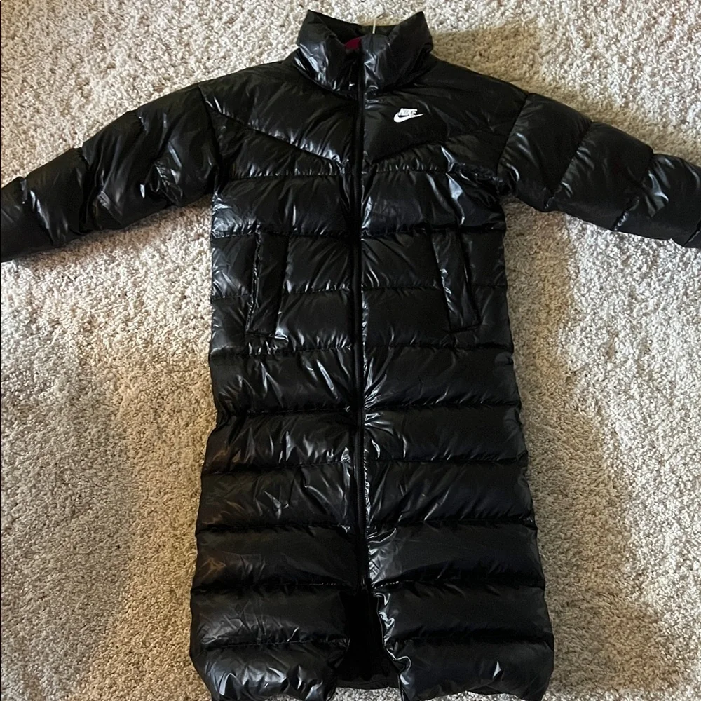 Nike Shiny Black Long Puffer Coat - Picture 1 of 9